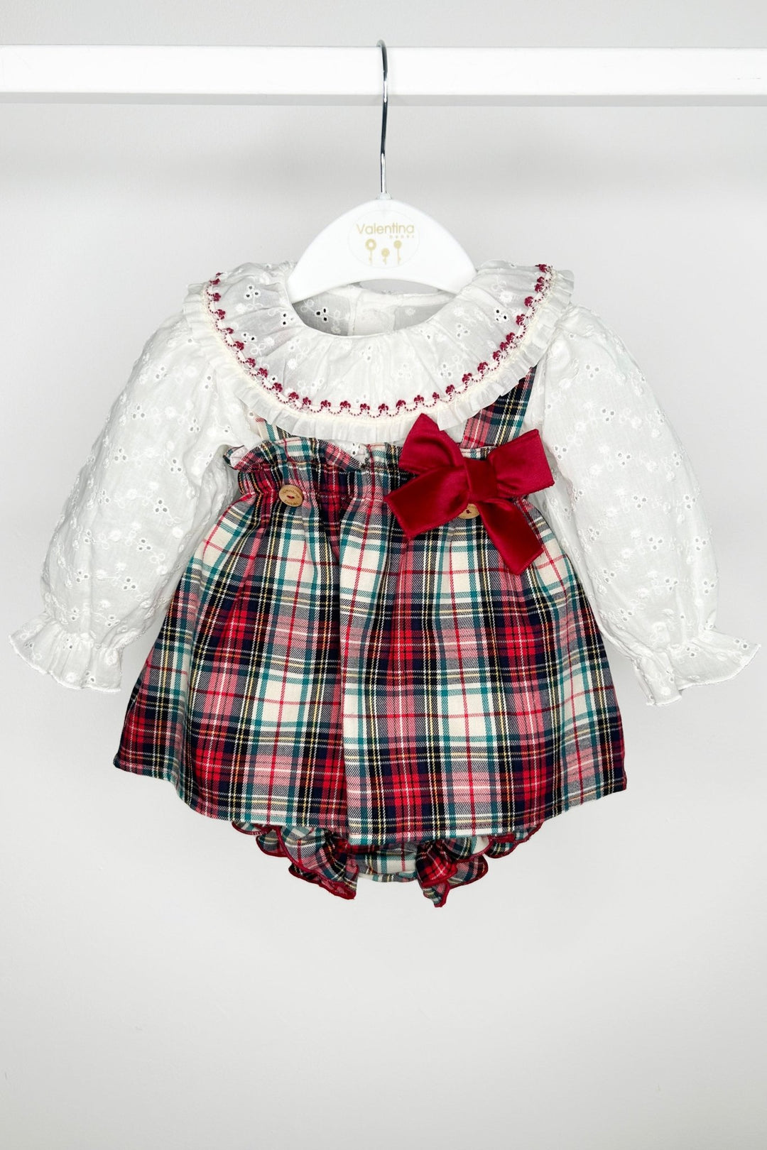 Valentina Bebes "Alanna" Broderie Anglaise Blouse & Red Tartan Pinafore Dress Set - Millie and John