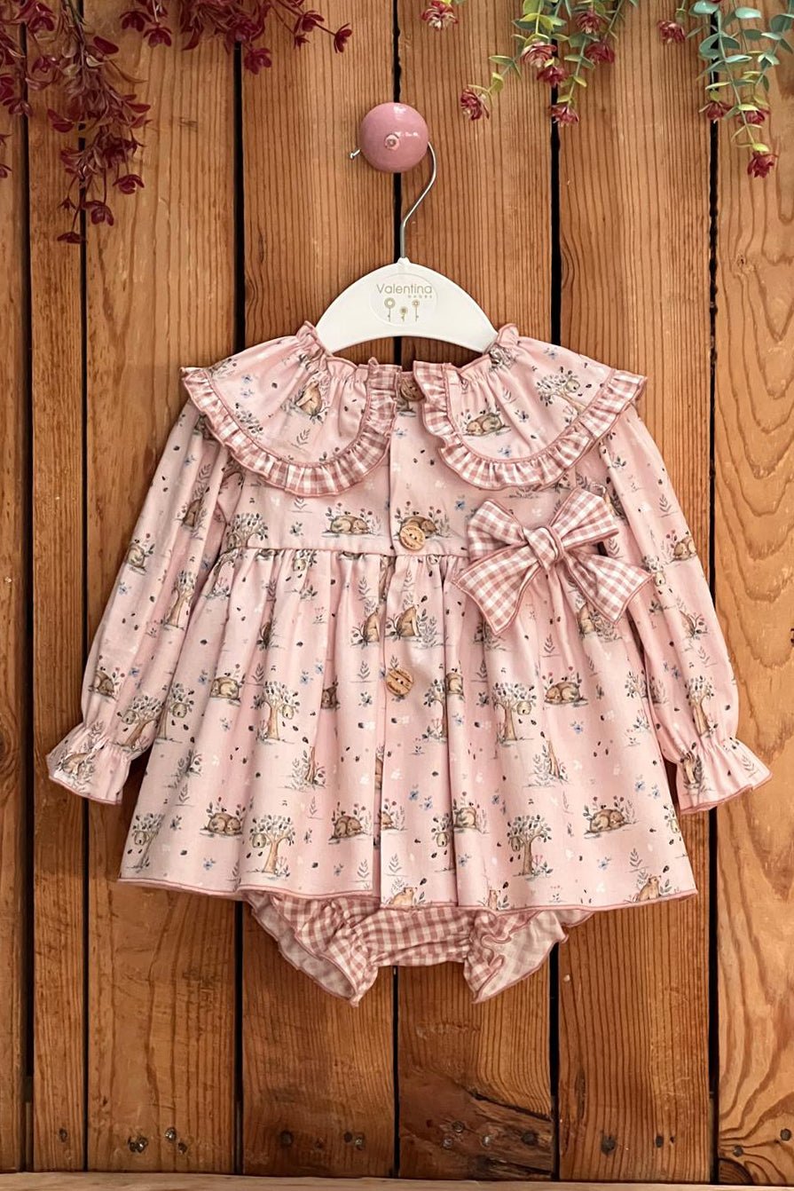 Valentina Bebés "Anaya" Pale Pink Bear Dress & Bloomers - Millie and John