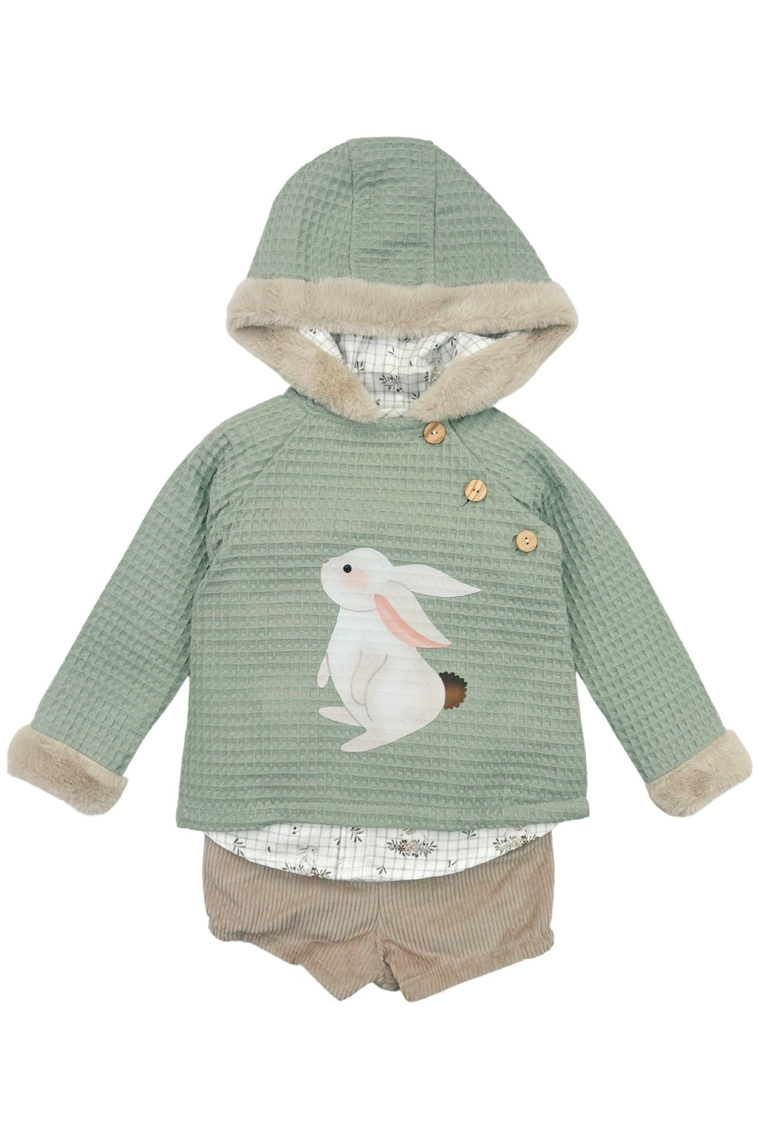 Valentina Bebes "Aspen" Sage Green Bunny Hoodie, Shirt & Shorts - Millie and John
