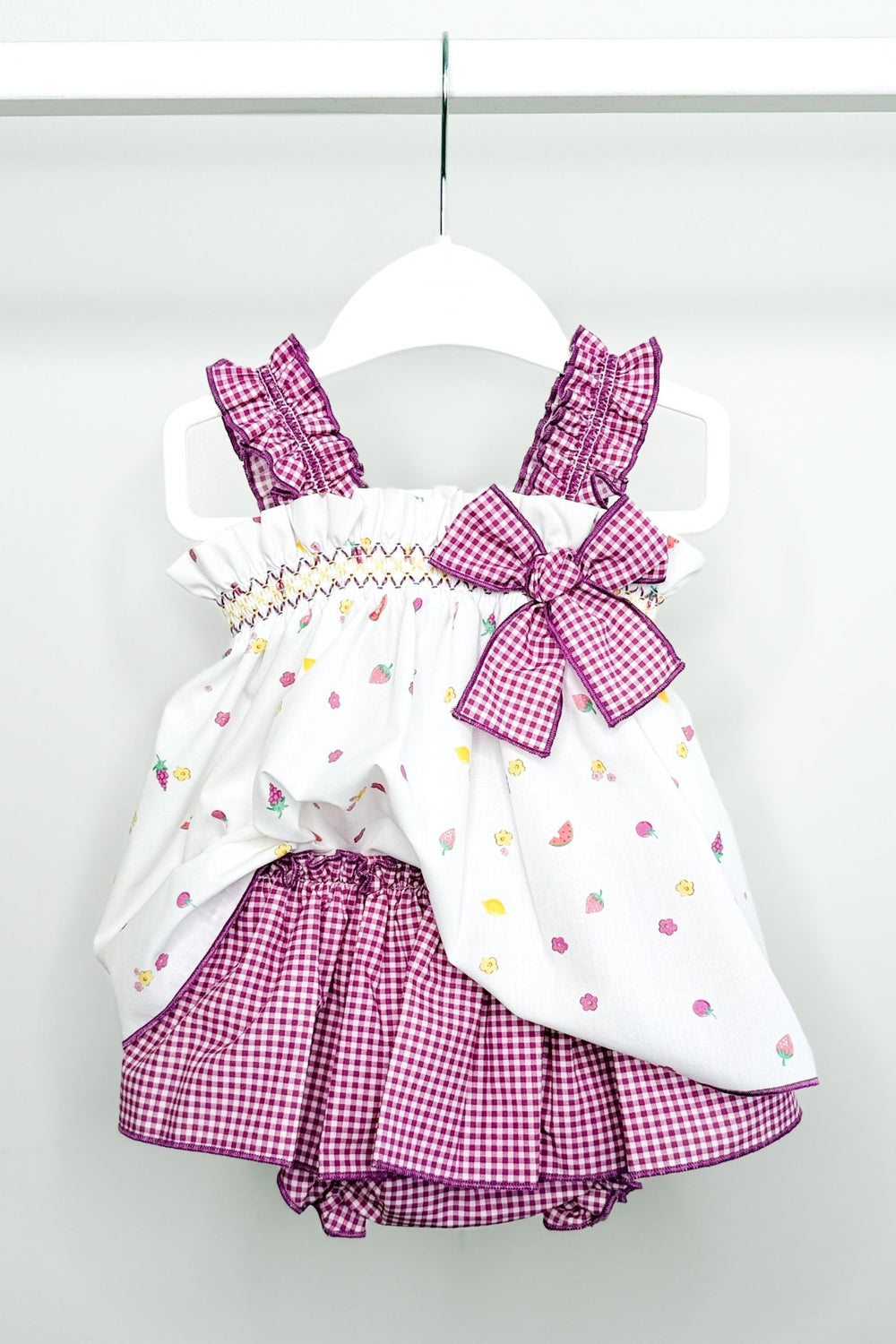 Valentina Bebés "Audrey" Purple Gingham Fruit Blouse & Skort - Millie and John