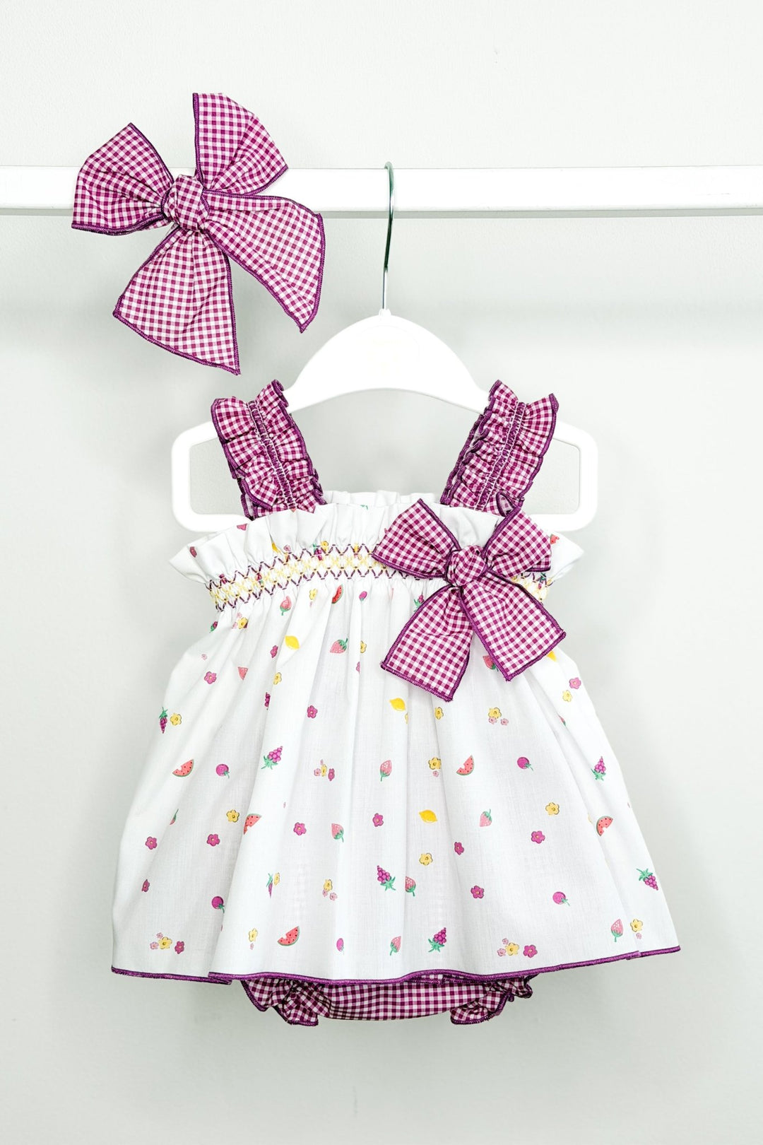 Valentina Bebés "Audrey" Purple Gingham Fruit Blouse &amp; Skort - Millie and John