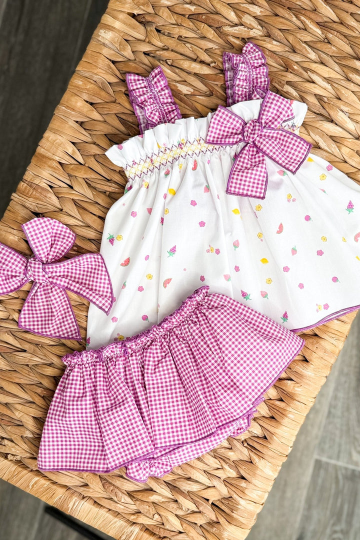 Valentina Bebés "Audrey" Purple Gingham Fruit Blouse &amp; Skort - Millie and John