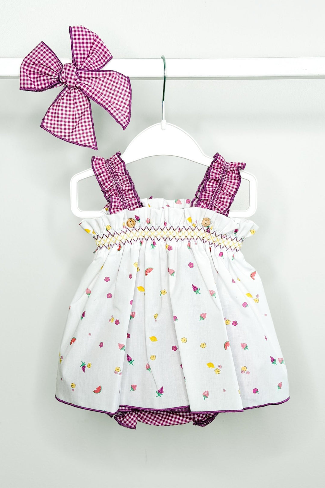 Valentina Bebés "Audrey" Purple Gingham Fruit Blouse &amp; Skort - Millie and John