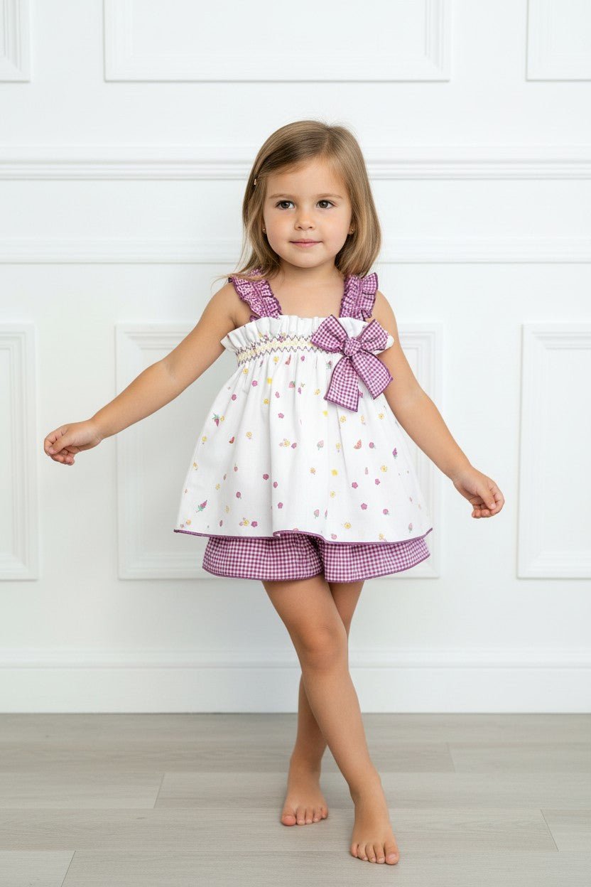 Valentina Bebés "Audrey" Purple Gingham Fruit Blouse & Skort - Millie and John