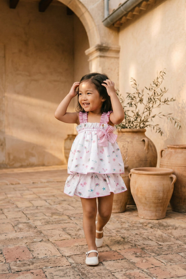 Valentina Bebés "Aurelie" Pink Beach Print Blouse &amp; Skort - Millie and John