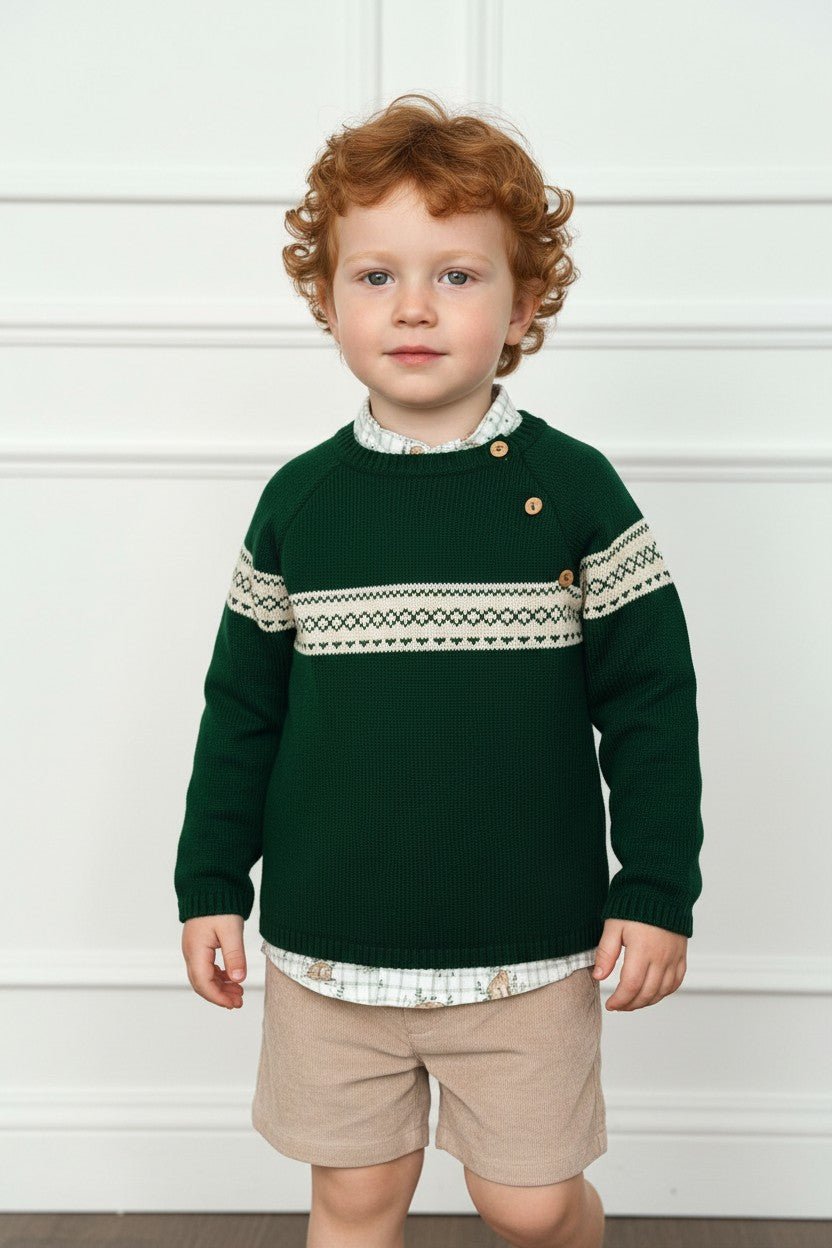 Valentina Bebés "Austin" Bottle Green Jumper, Bear Shirt & Shorts - Millie and John