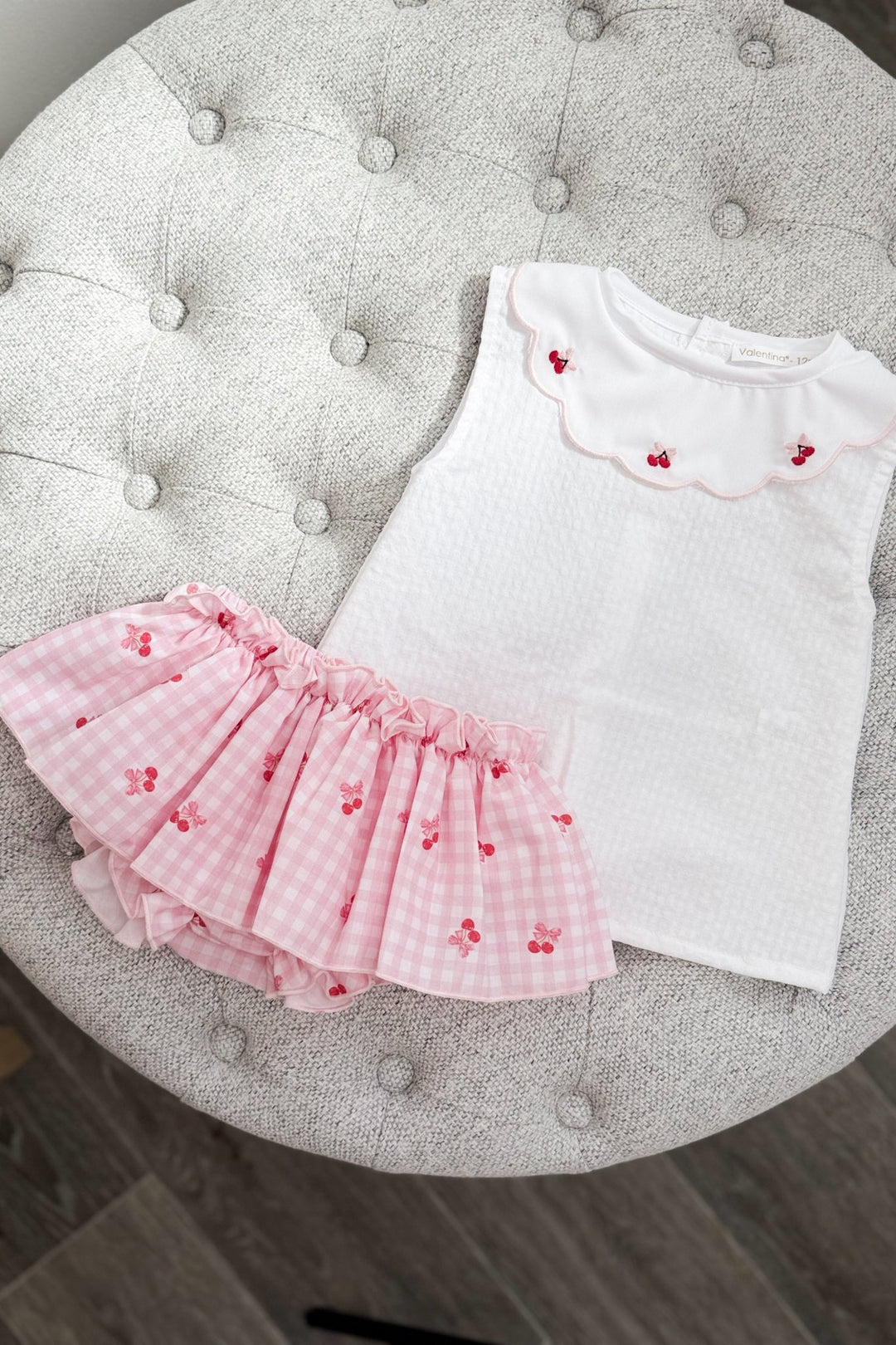 Valentina Bebés "Betsy" Pink Gingham Cherry Blouse &amp; Skort - Millie and John