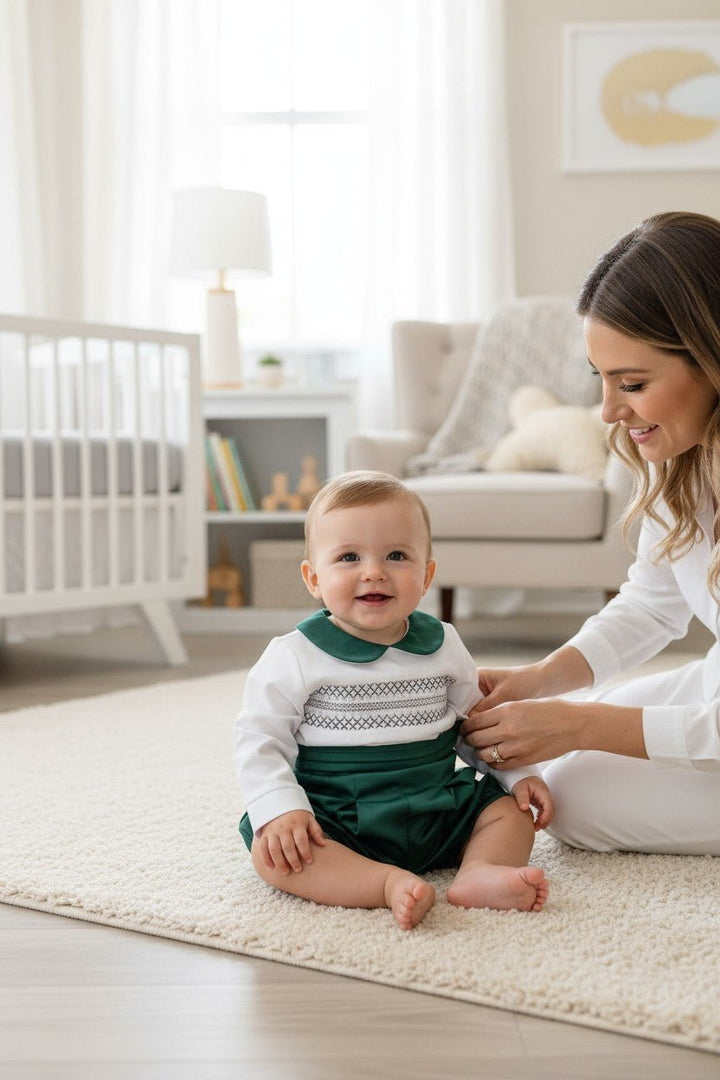 Valentina Bebés "Billy" Emerald Green Smocked Shirt & Velvet Jam Pants - Millie and John