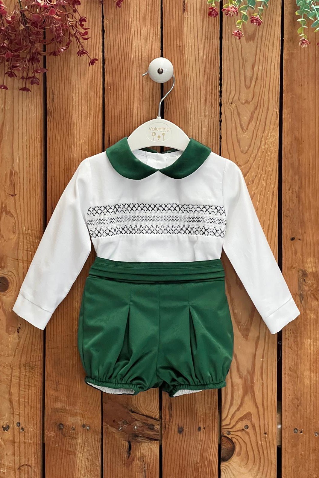 Valentina Bebés "Billy" Emerald Green Smocked Shirt & Velvet Jam Pants - Millie and John