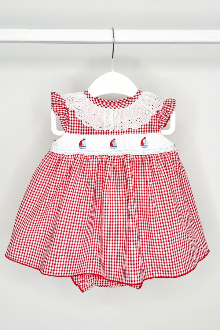 Valentina Bebés "Bonnie" Red Gingham Smocked Sailboat Dress & Bloomers - Millie and John