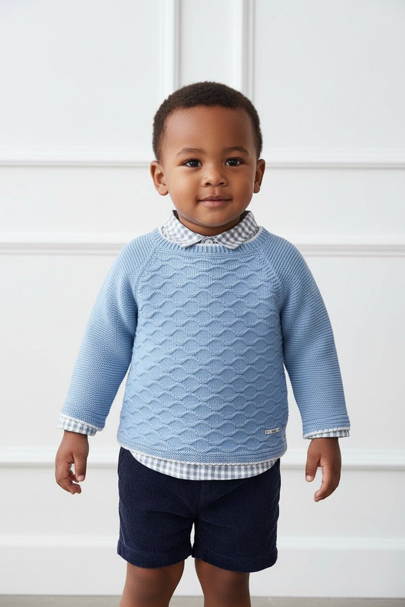 Valentina Bebés "Carter" Pale Blue Jumper, Gingham Shirt & Shorts - Millie and John