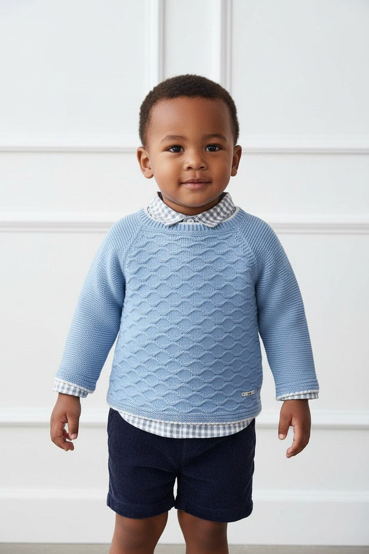 Valentina Bebés "Carter" Pale Blue Jumper, Gingham Shirt &amp; Shorts - Millie and John