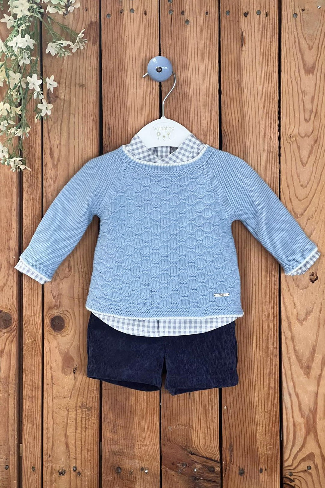 Valentina Bebés "Carter" Pale Blue Jumper, Gingham Shirt & Shorts - Millie and John