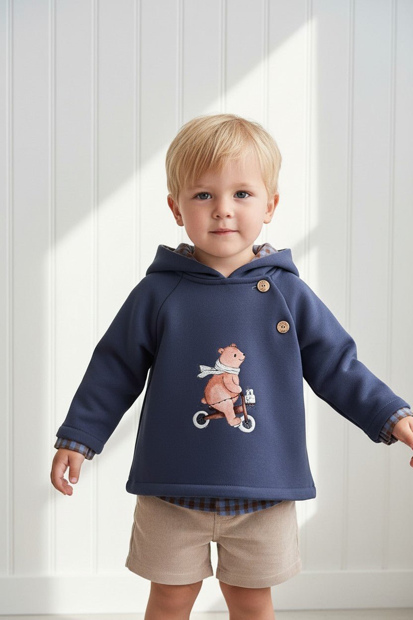 Valentina Bebés "Charlie" Dusky Blue Gingham Hoodie, Shirt & Shorts - Millie and John