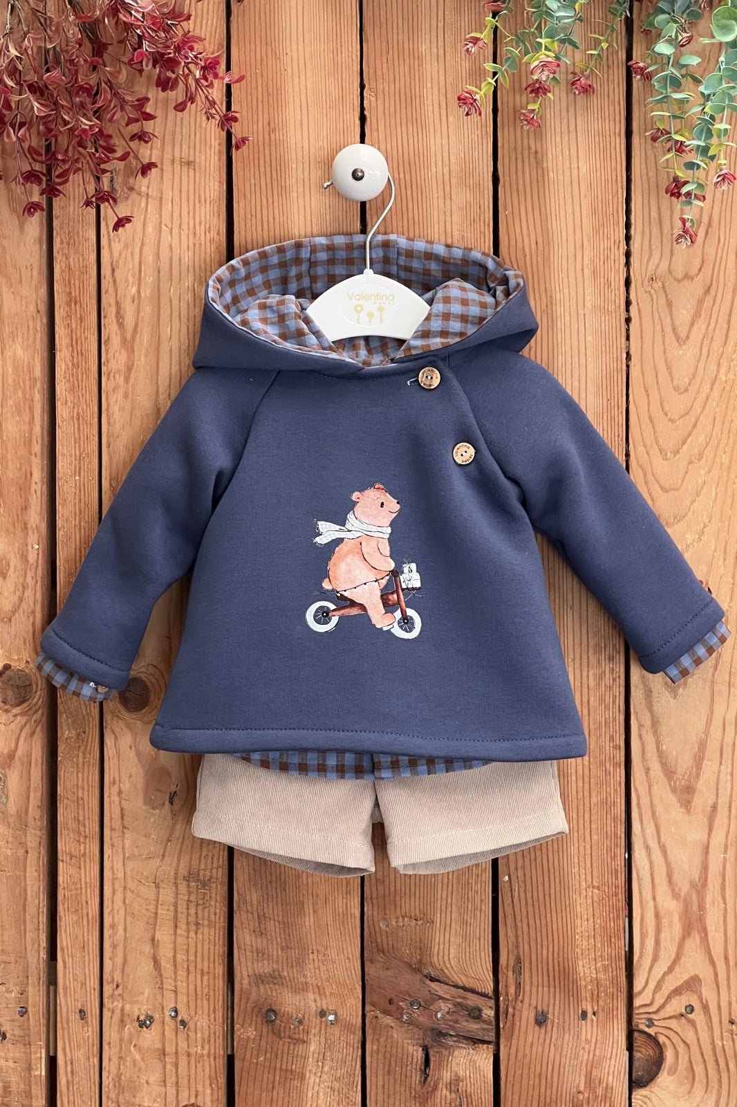 Valentina Bebés "Charlie" Dusky Blue Gingham Hoodie, Shirt & Shorts - Millie and John