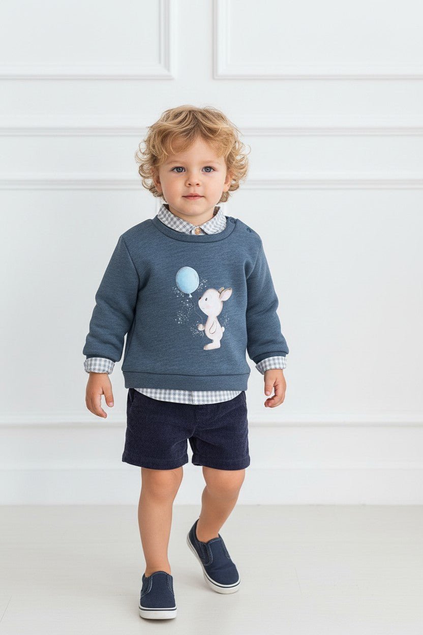 Valentina Bebés "Cooper" Dusky Blue Bunny Sweatshirt, Gingham Shirt & Shorts - Millie and John