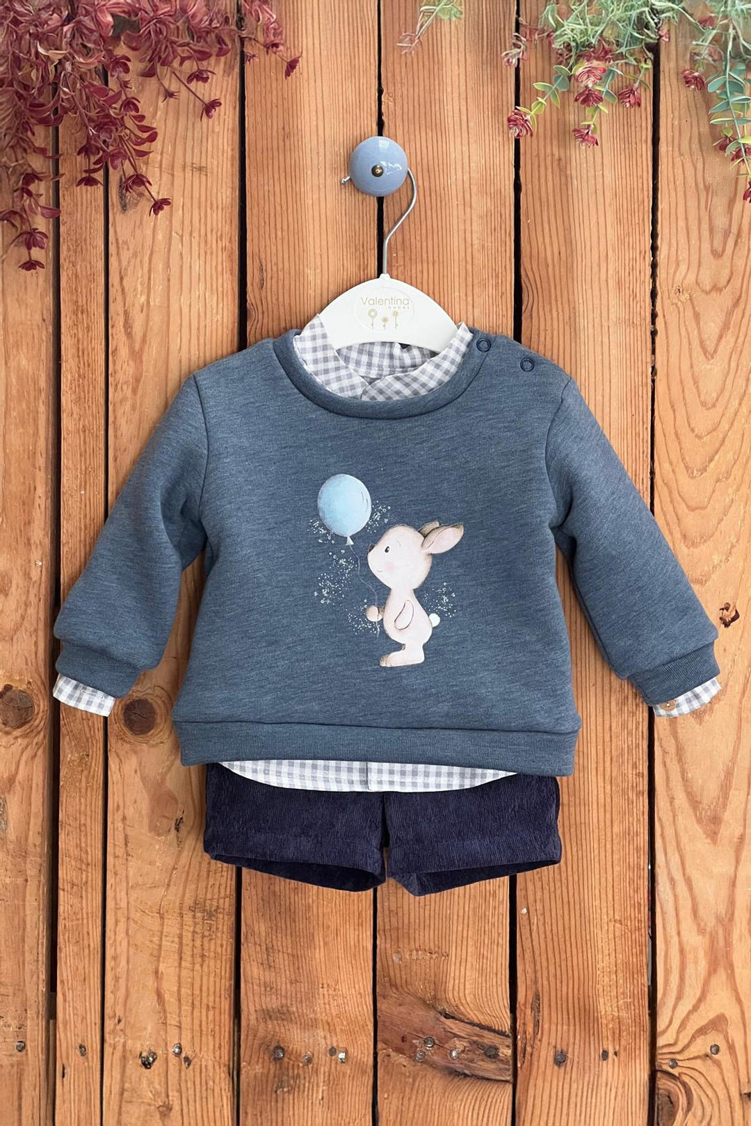 Valentina Bebés "Cooper" Dusky Blue Bunny Sweatshirt, Gingham Shirt & Shorts - Millie and John