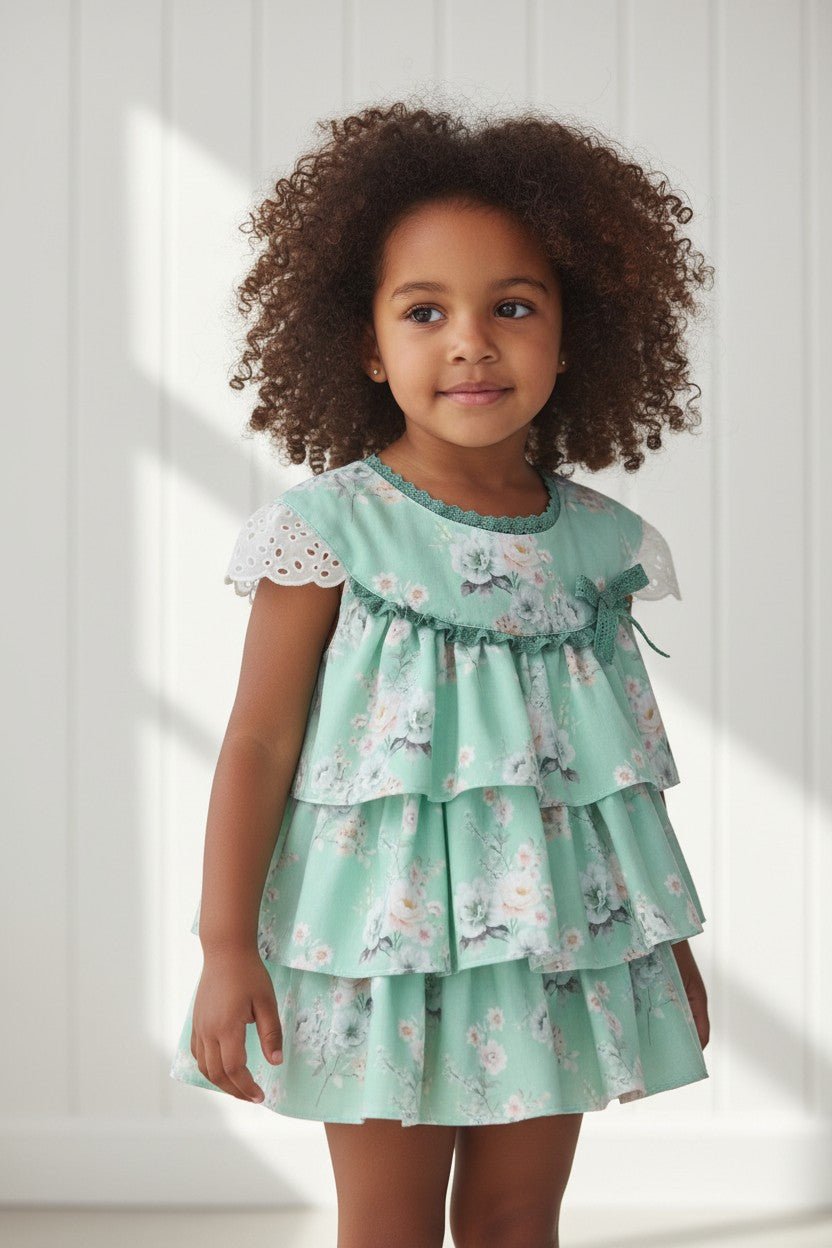 Valentina Bebes "Cordelia" Mint Floral Layered Dress &amp; Bloomers - Millie and John