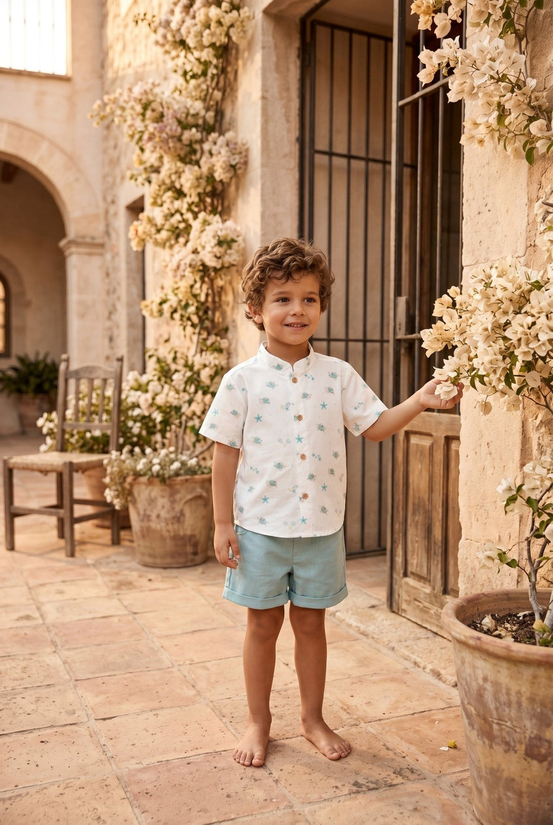 Valentina Bebés "Cove" Sage Green Beach Print Shirt & Shorts - Millie and John