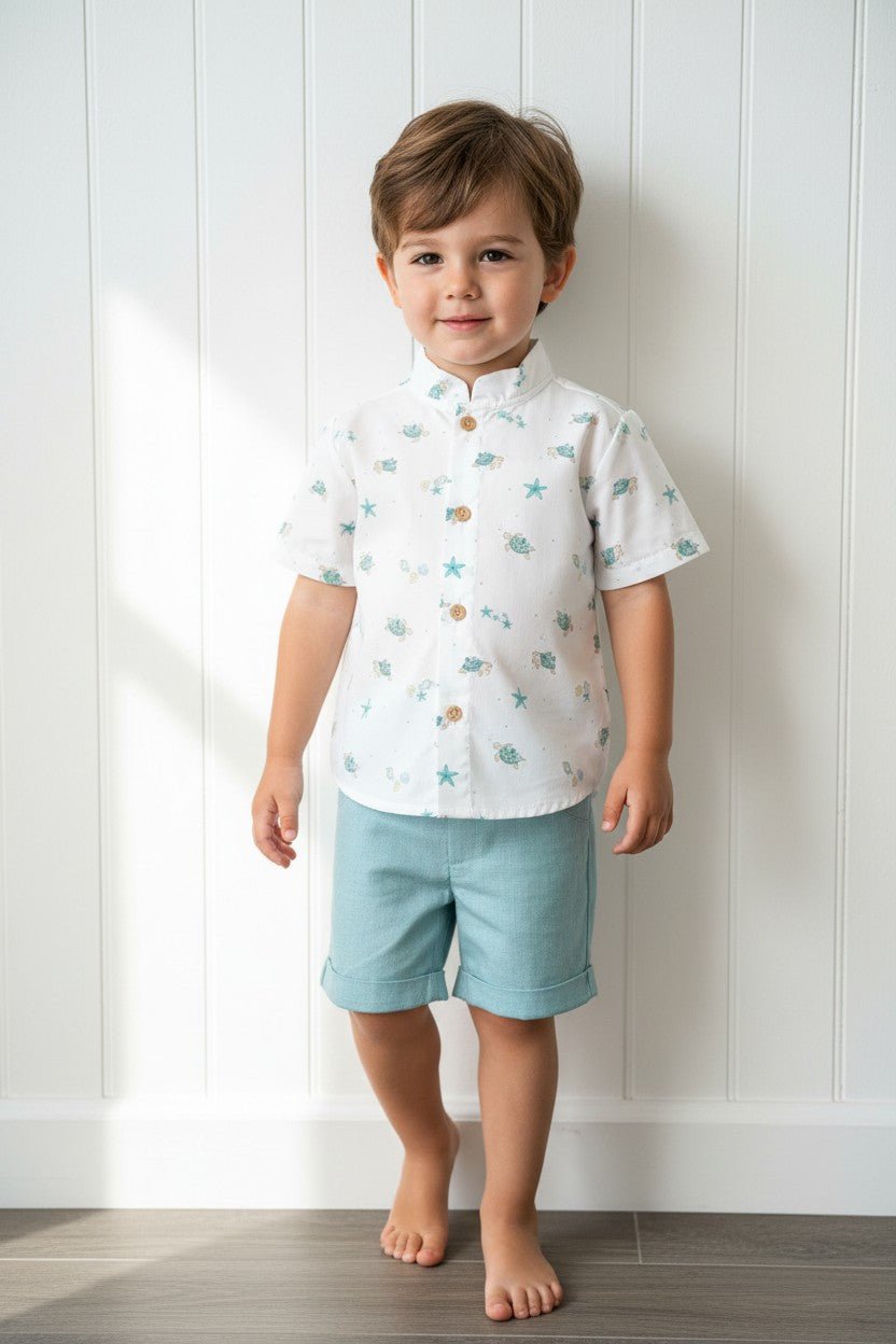 Valentina Bebés "Cove" Sage Green Beach Print Shirt & Shorts - Millie and John