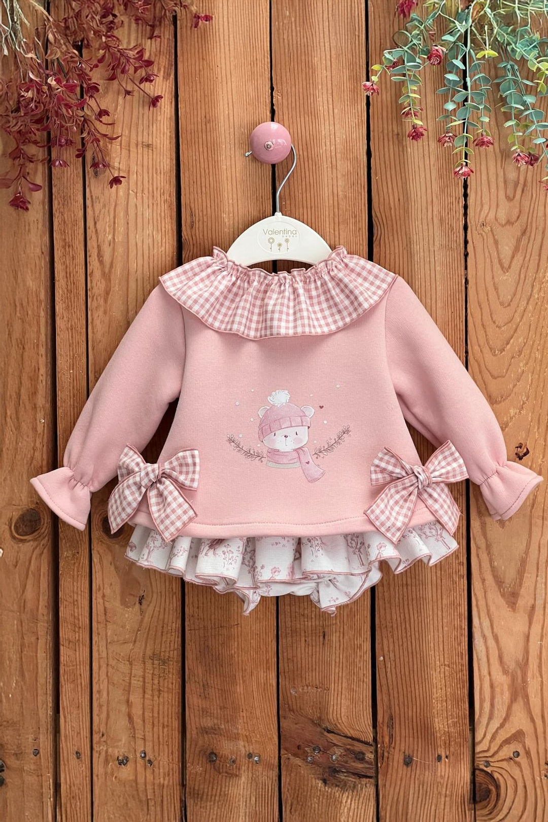 Valentina Bebés "Darcie" Pale Pink Bear Sweatshirt & Toile Skort - Millie and John