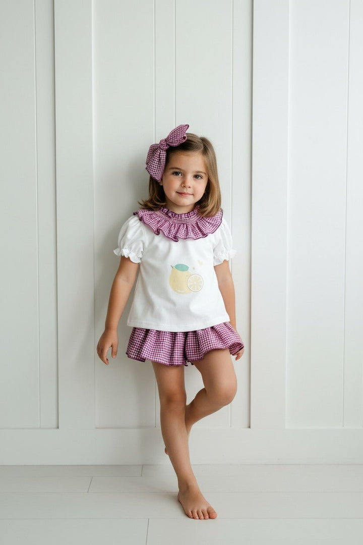 Valentina Bebés "Edie" Purple Gingham Lemon Top &amp; Skort - Millie and John