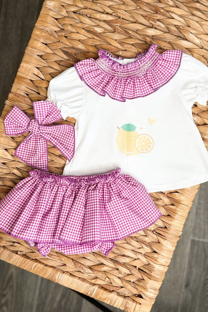 Valentina Bebés "Edie" Purple Gingham Lemon Top &amp; Skort - Millie and John