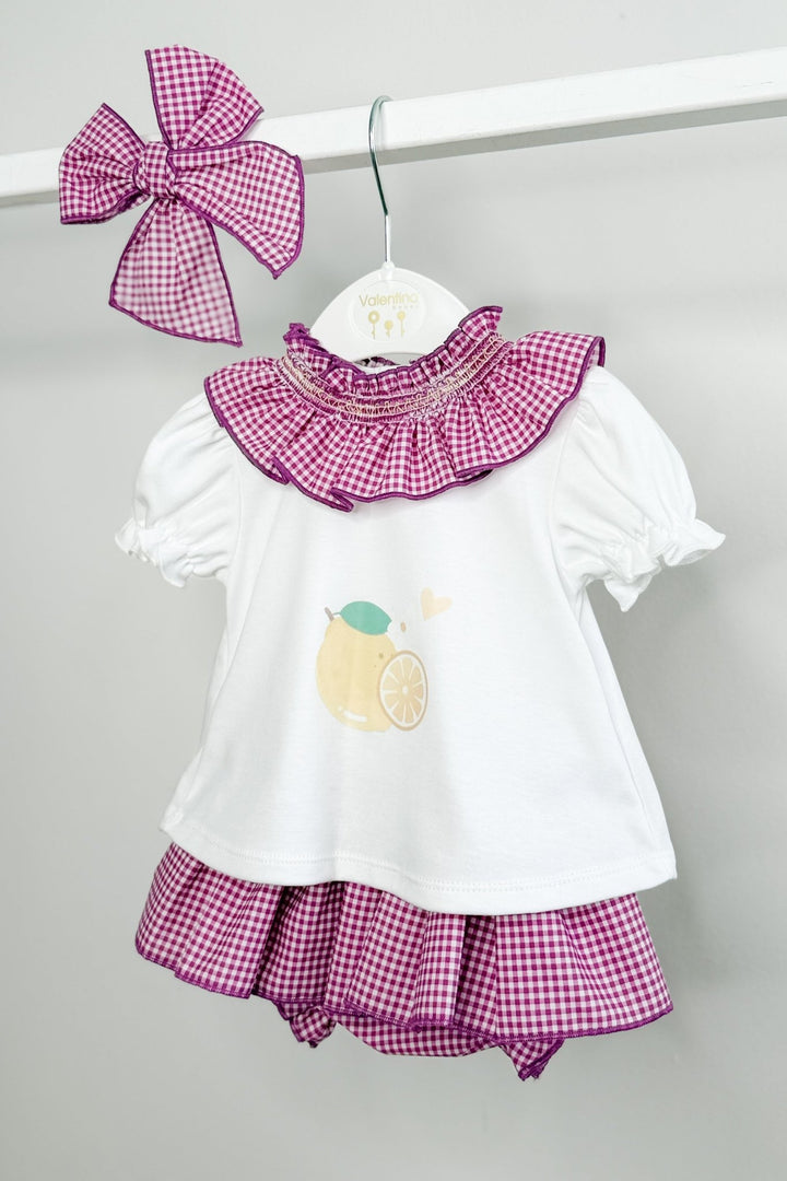Valentina Bebés "Edie" Purple Gingham Lemon Top &amp; Skort - Millie and John