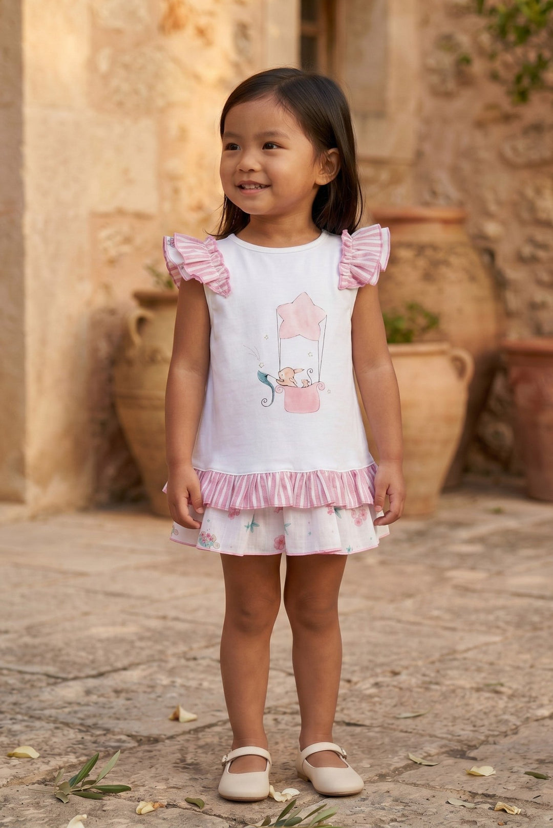Valentina Bebés "Eloise" Pink Bunny Top & Beach Print Skort - Millie and John