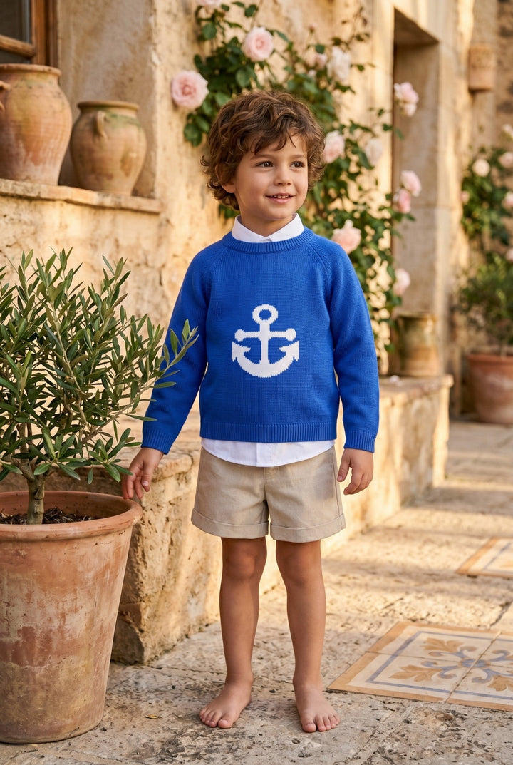 Valentina Bebés "Emile" Blue Anchor Jumper, Shirt &amp; Shorts - Millie and John
