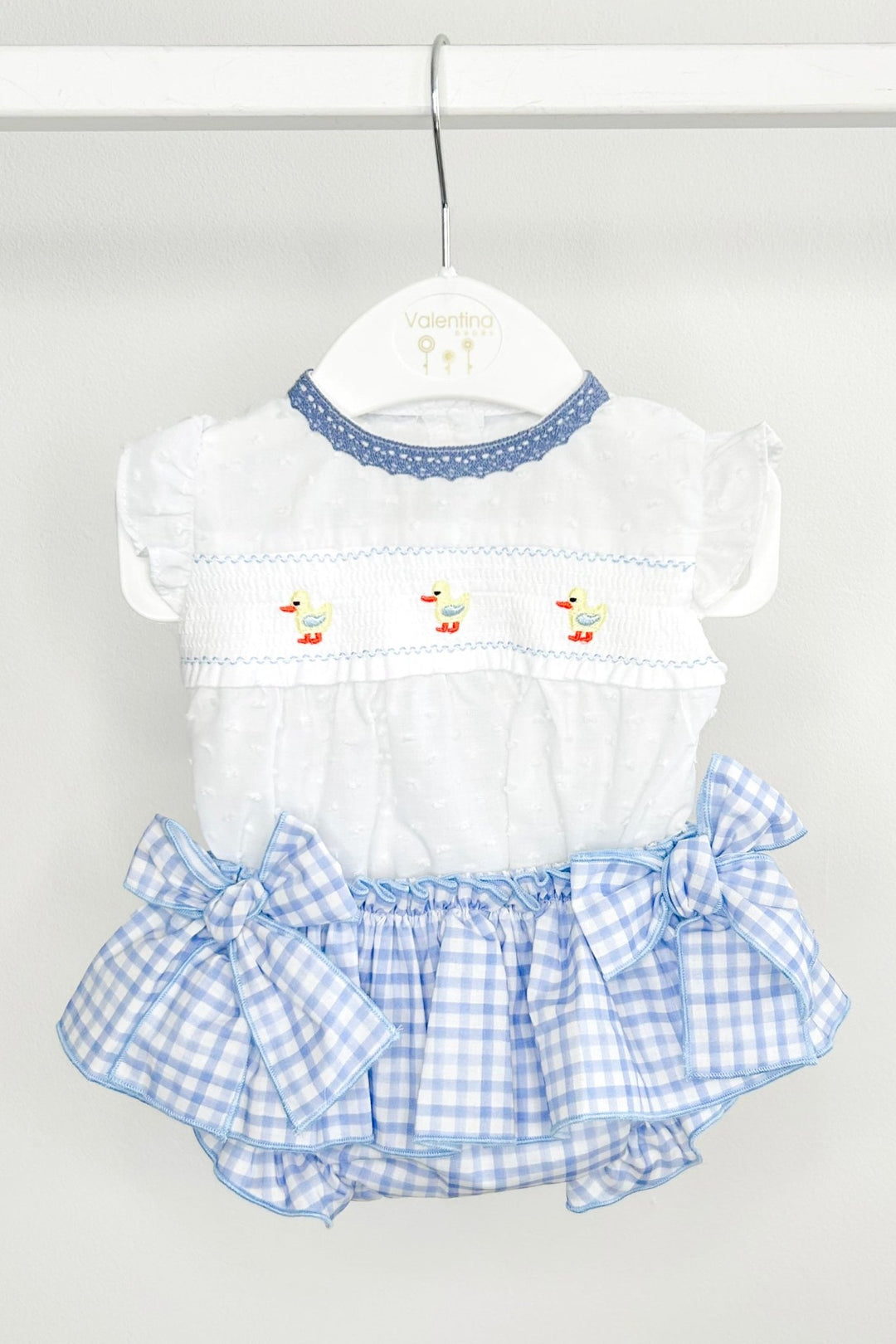 Valentina Bebés "Emmie" Smocked Duck Top & Blue Gingham Skirt Bloomers - Millie and John
