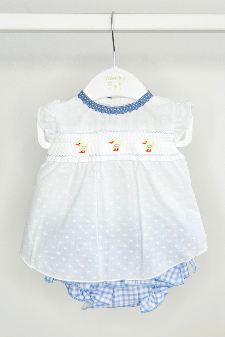 Valentina Bebés "Emmie" Smocked Duck Top & Blue Gingham Skirt Bloomers - Millie and John