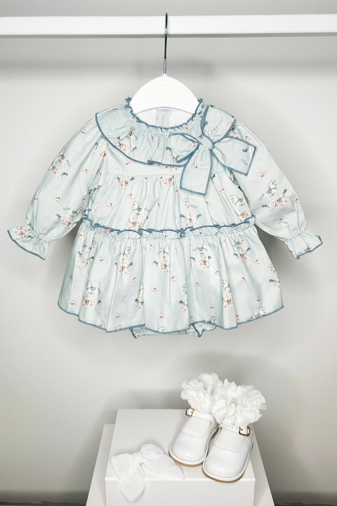 Valentina Bebes "Etta" Pale Teal Carousel Pony Dress & Bloomers - Millie and John