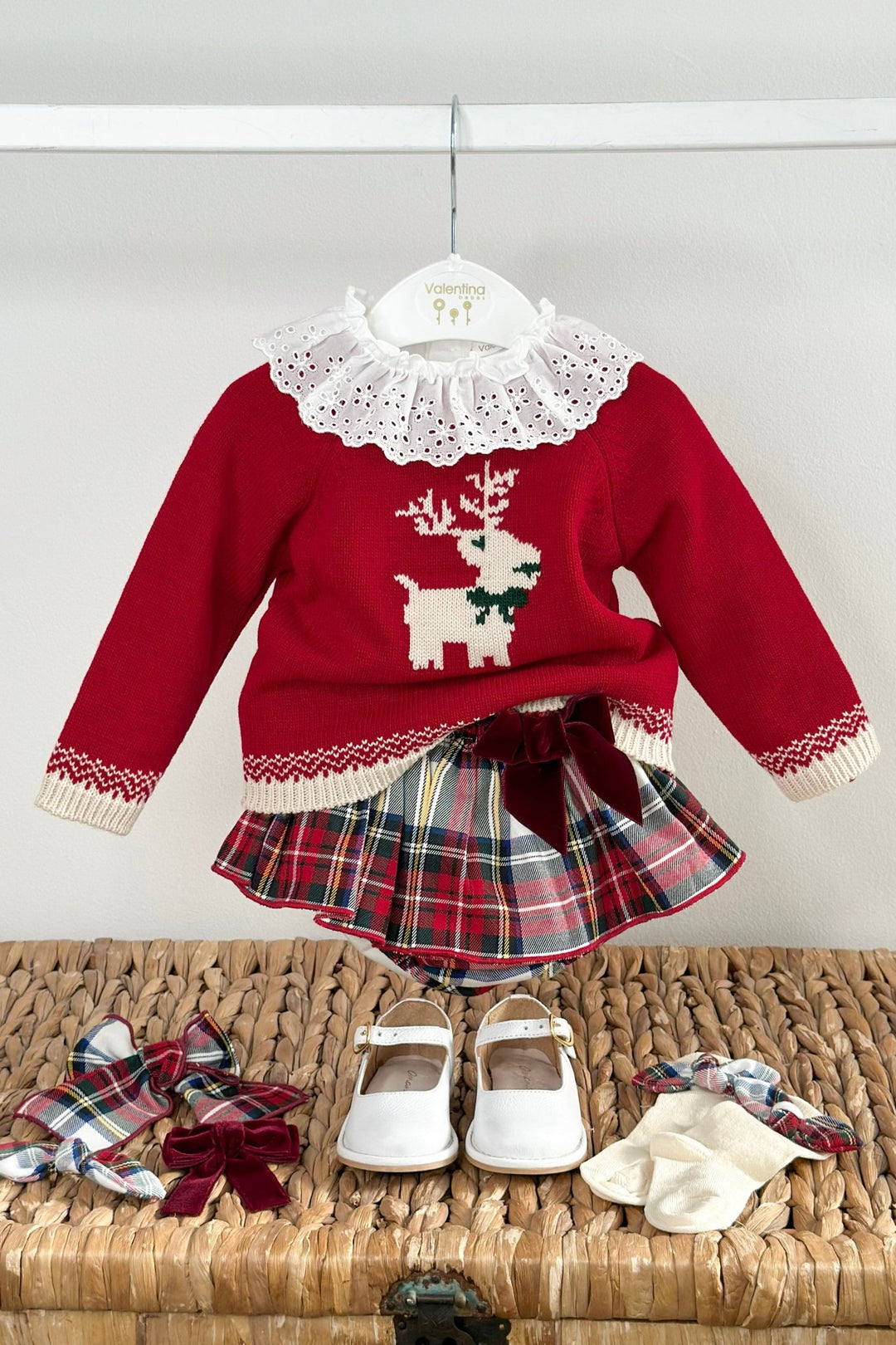 Valentina Bebés "Evelyn" Red Reindeer Jumper, Blouse & Red Tartan Skort - Millie and John