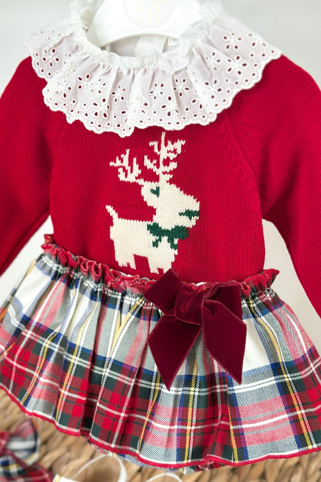 Valentina Bebés "Evelyn" Red Reindeer Jumper, Blouse & Red Tartan Skort - Millie and John