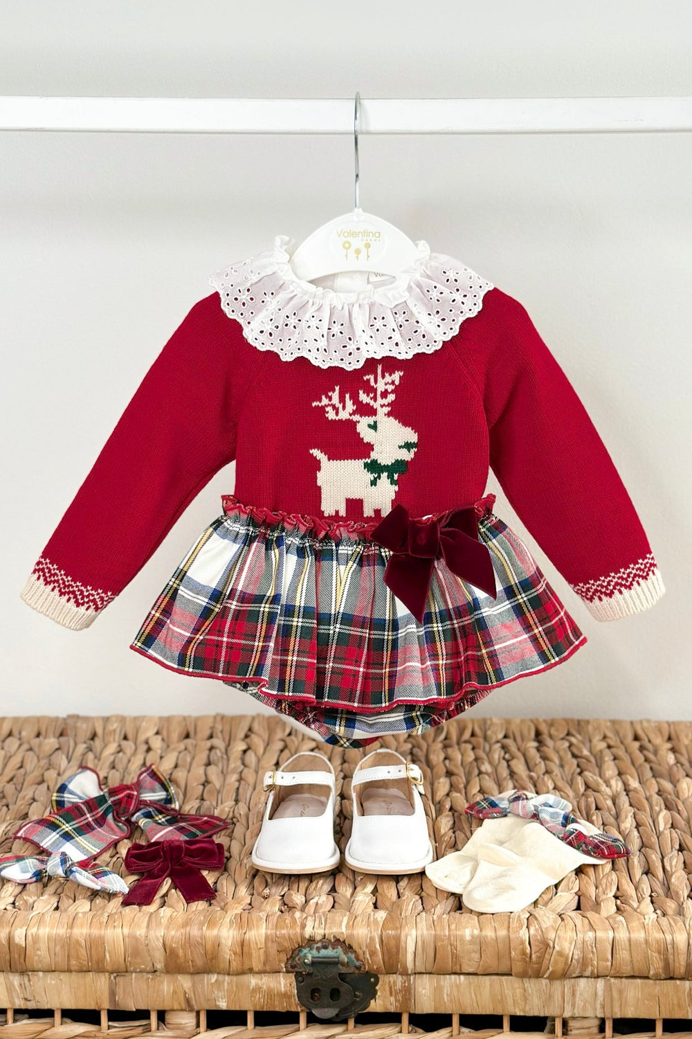 Valentina Bebés "Evelyn" Red Reindeer Jumper, Blouse & Red Tartan Skort - Millie and John