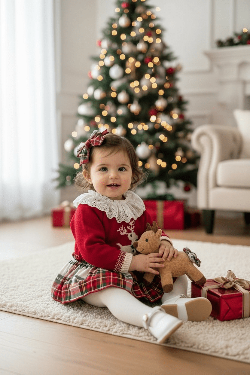 Valentina Bebés "Evelyn" Red Reindeer Jumper, Blouse & Red Tartan Skort - Millie and John