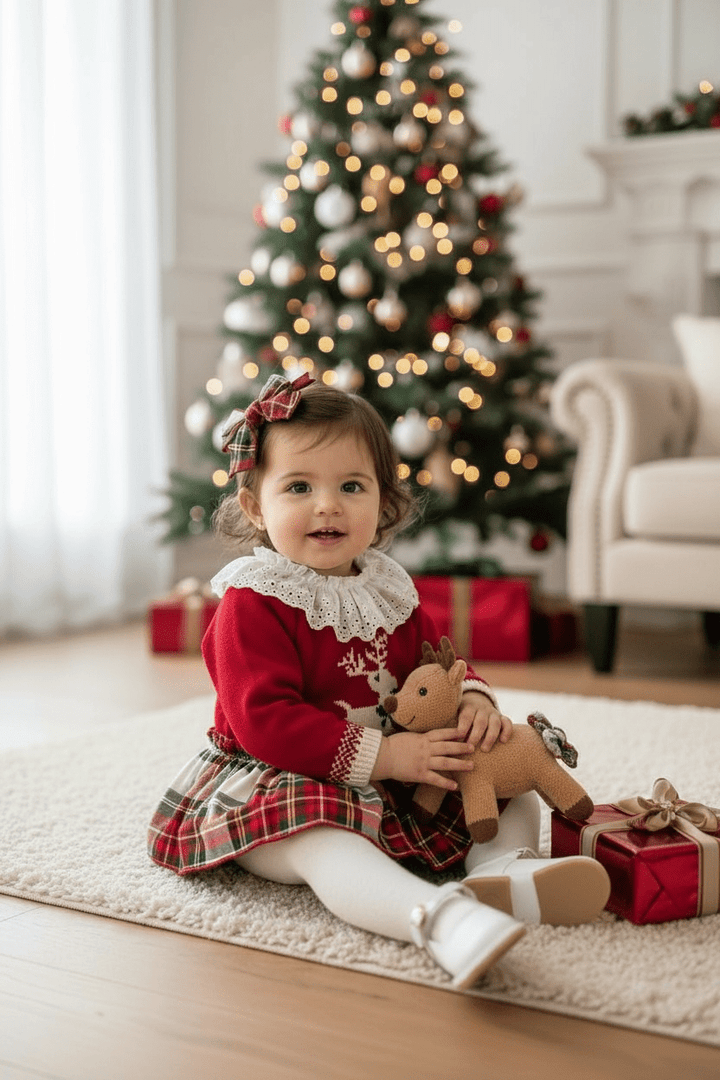 Valentina Bebés "Evelyn" Red Reindeer Jumper, Blouse & Red Tartan Skort - Millie and John