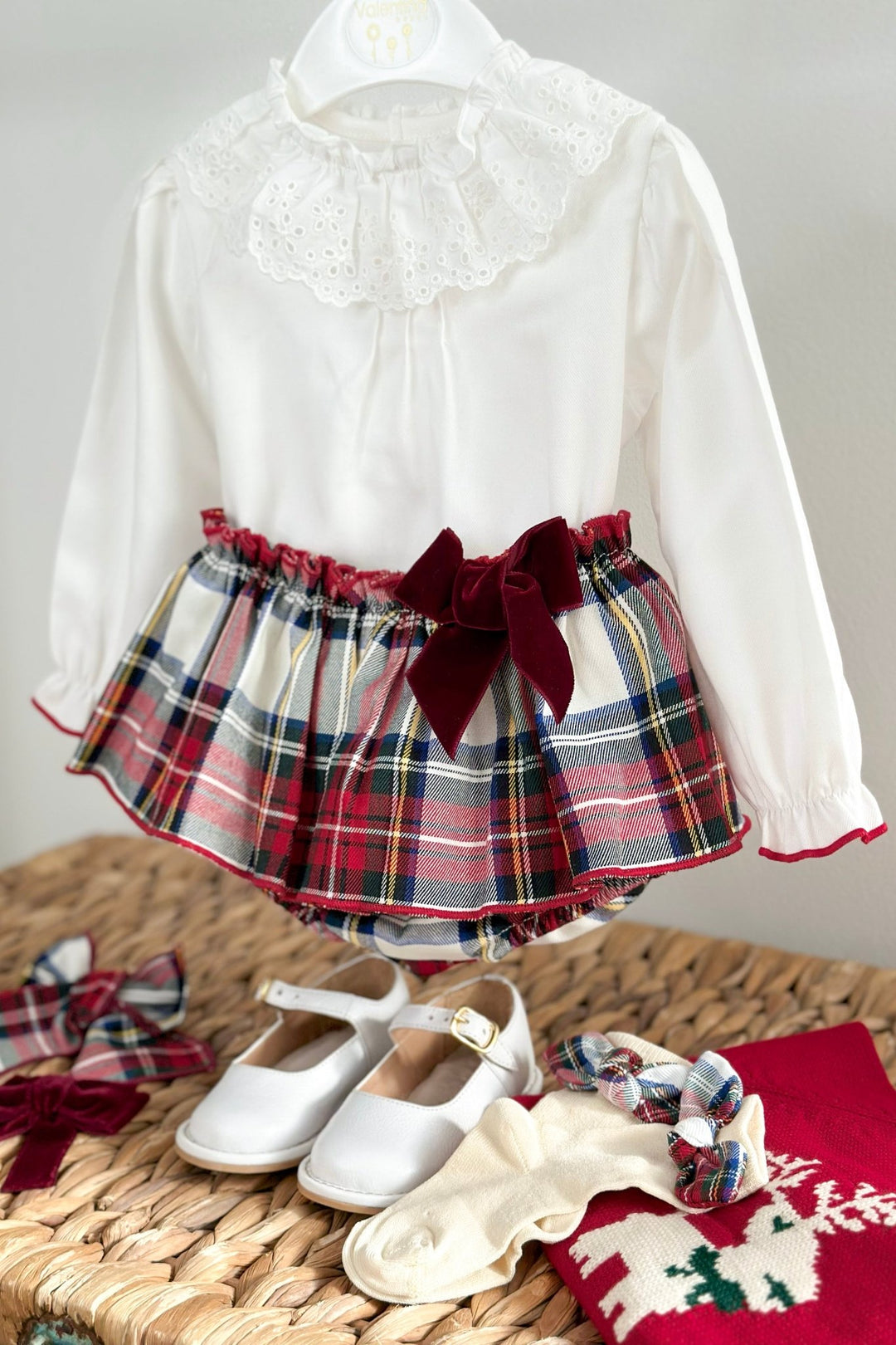 Valentina Bebés "Evelyn" Red Reindeer Jumper, Blouse & Red Tartan Skort - Millie and John