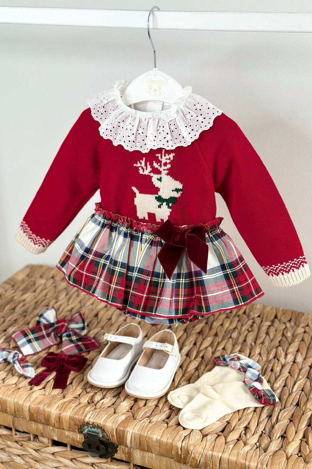 Valentina Bebés "Evelyn" Red Reindeer Jumper, Blouse & Red Tartan Skort - Millie and John