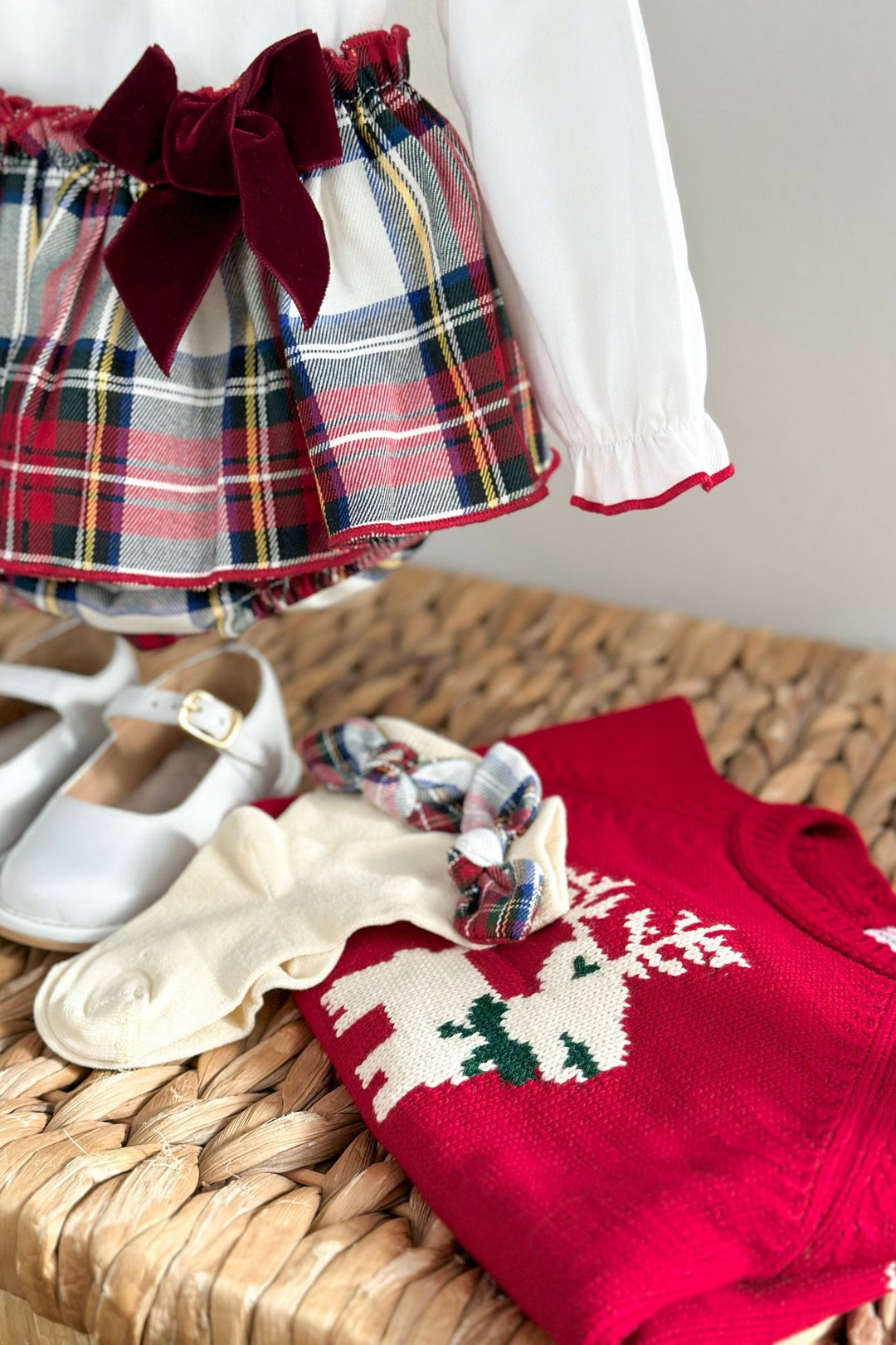 Valentina Bebés "Evelyn" Red Reindeer Jumper, Blouse & Red Tartan Skort - Millie and John