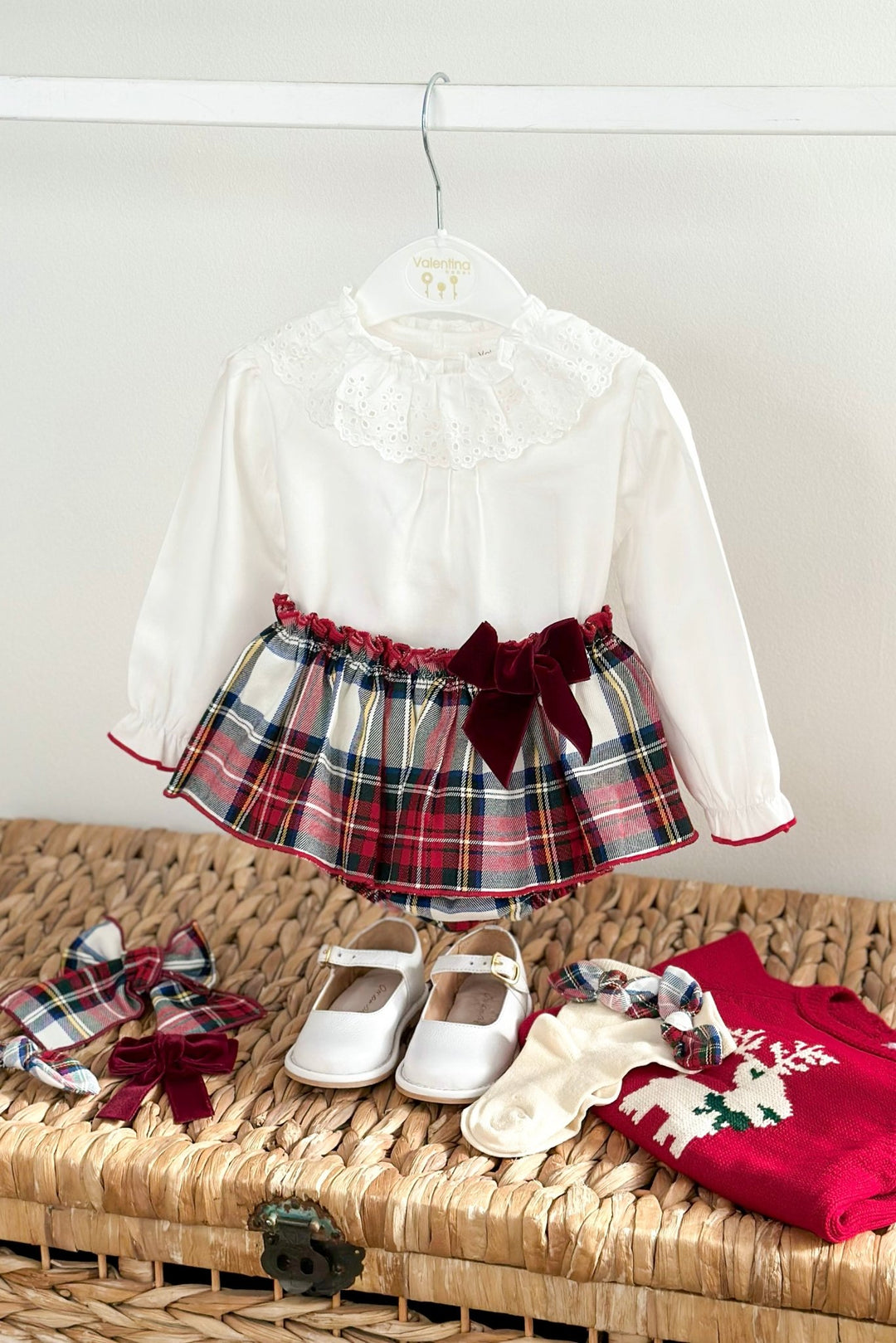 Valentina Bebés "Evelyn" Red Reindeer Jumper, Blouse & Red Tartan Skort - Millie and John