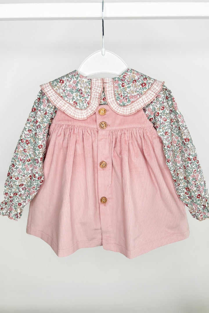 Valentina Bebes "Evie" Dusky Pink Floral Blouse & Cord Pinafore Dress - Millie and John