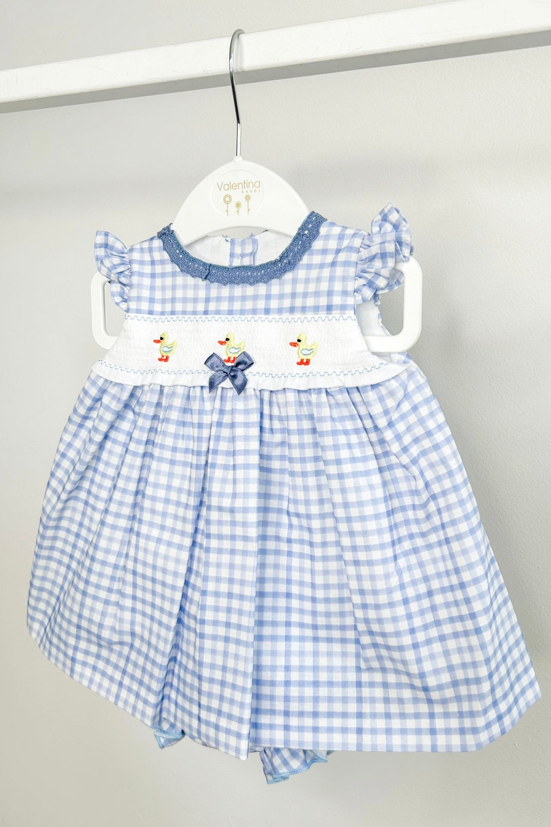 Valentina Bebés "Fleur" Blue Gingham Smocked Duck Dress & Bloomers - Millie and John