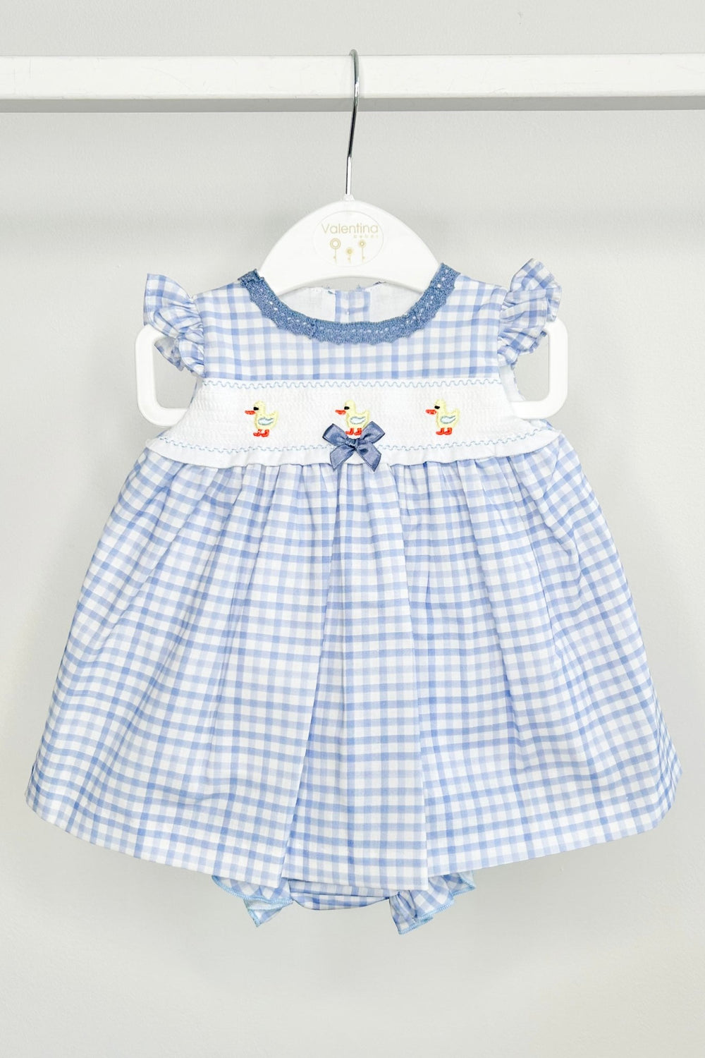 Valentina Bebés "Fleur" Blue Gingham Smocked Duck Dress & Bloomers - Millie and John