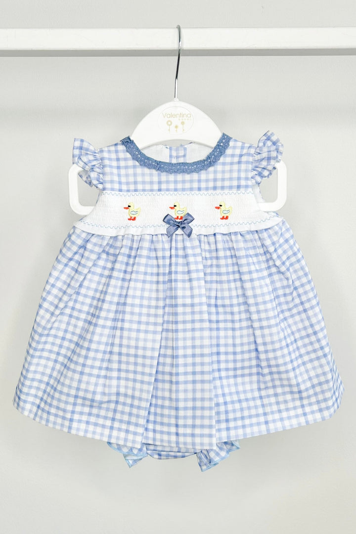 Valentina Bebés "Fleur" Blue Gingham Smocked Duck Dress & Bloomers - Millie and John