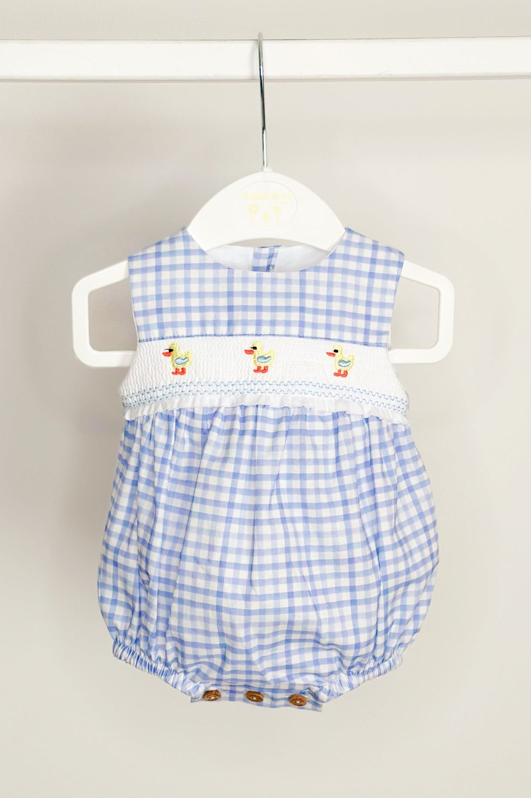 Valentina Bebés "Harrie" Blue Gingham Smocked Duck Romper - Millie and John