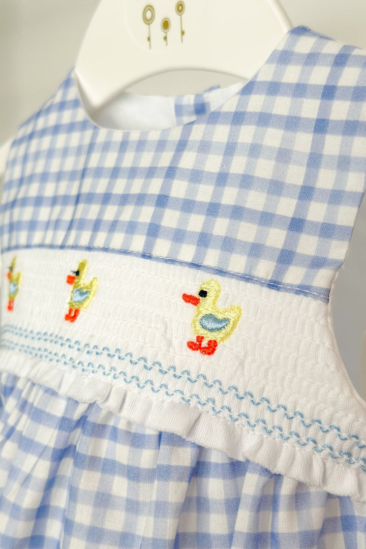 Valentina Bebés "Harrie" Blue Gingham Smocked Duck Romper - Millie and John