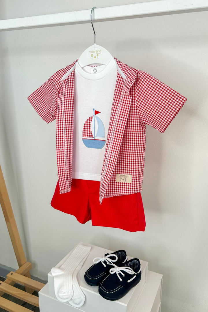 Valentina Bebés "Heath" Red Gingham Shirt, T-Shirt & Shorts - Millie and John