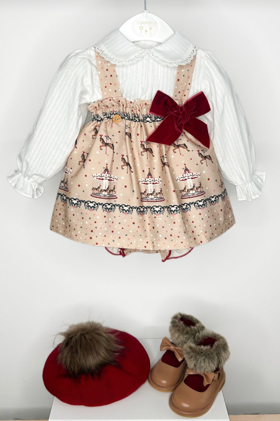 Valentina Bebes AW24 | "Isadora" Burgundy Carousel Pony Pinafore Dress Millie and John Valentina Bebes AW24 | "Isadora" Burgundy Carousel Pony Pinafore Dress Millie and John